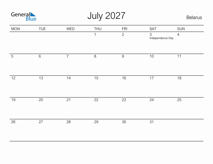 Printable July 2027 Calendar for Belarus