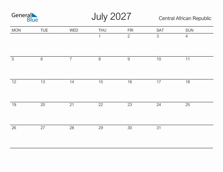 Printable July 2027 Calendar for Central African Republic