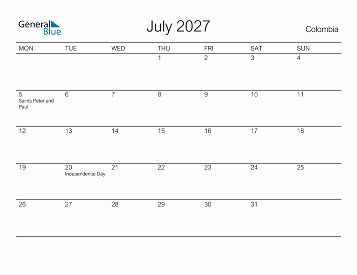 Printable July 2027 Calendar for Colombia