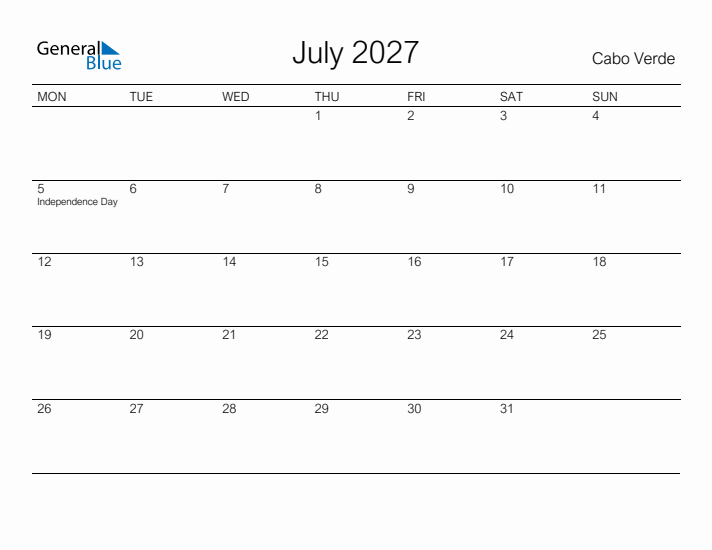 Printable July 2027 Calendar for Cabo Verde