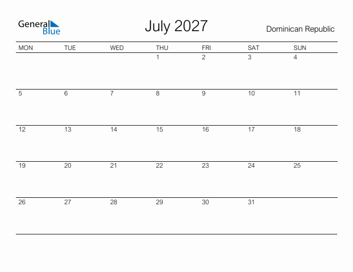 Printable July 2027 Calendar for Dominican Republic