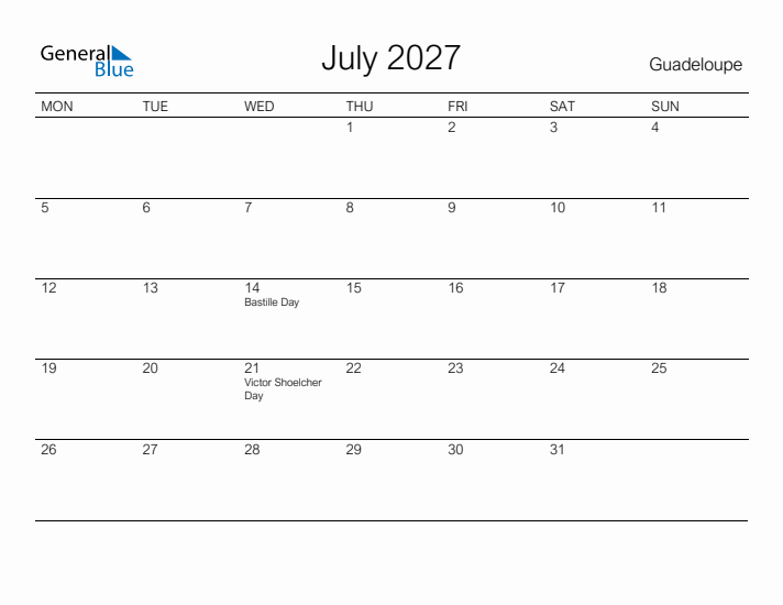 Printable July 2027 Calendar for Guadeloupe