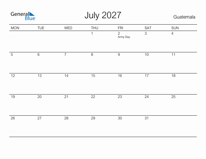Printable July 2027 Calendar for Guatemala