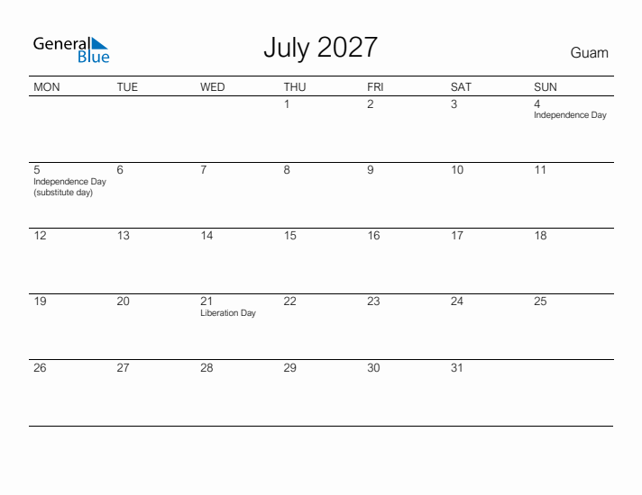 Printable July 2027 Calendar for Guam