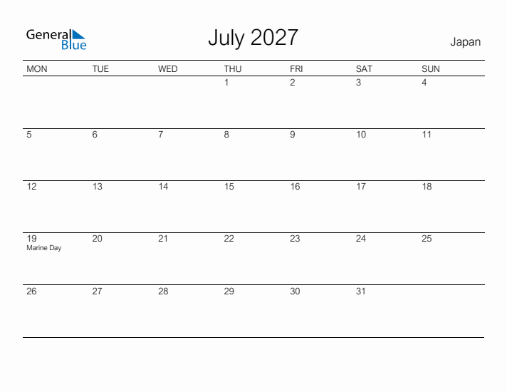 Printable July 2027 Calendar for Japan