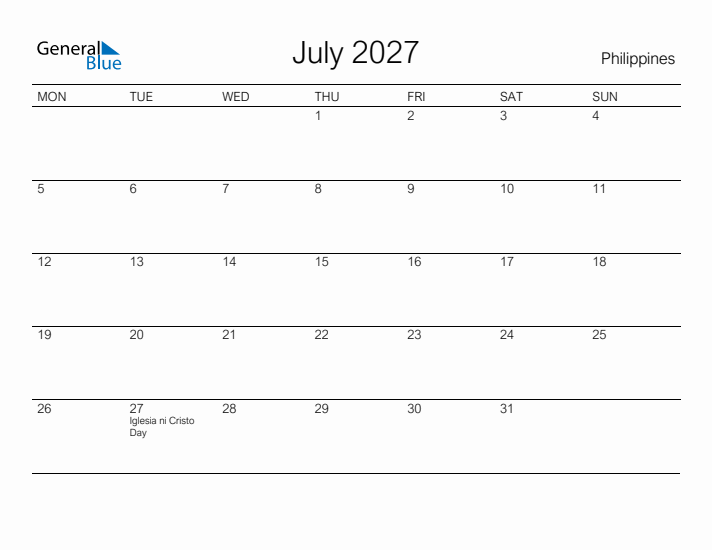 Printable July 2027 Calendar for Philippines