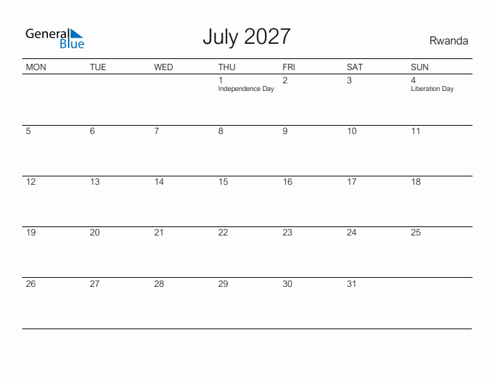 Printable July 2027 Calendar for Rwanda