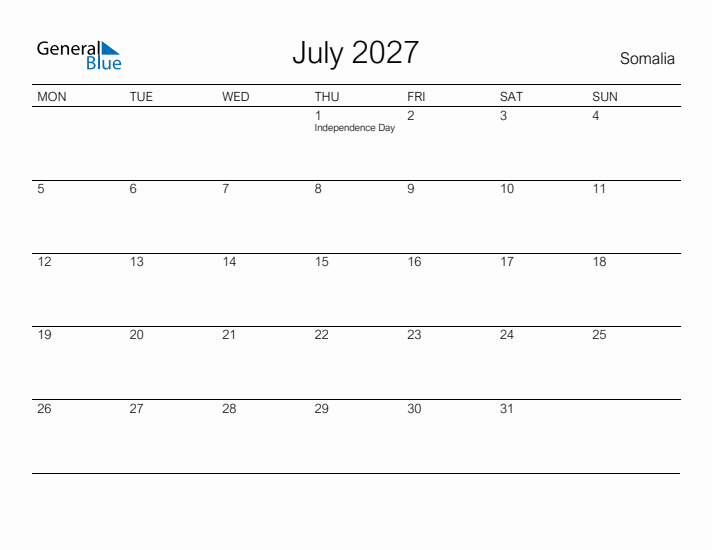 Printable July 2027 Calendar for Somalia