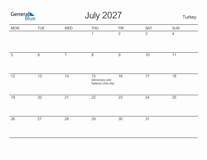 Printable July 2027 Calendar for Turkey