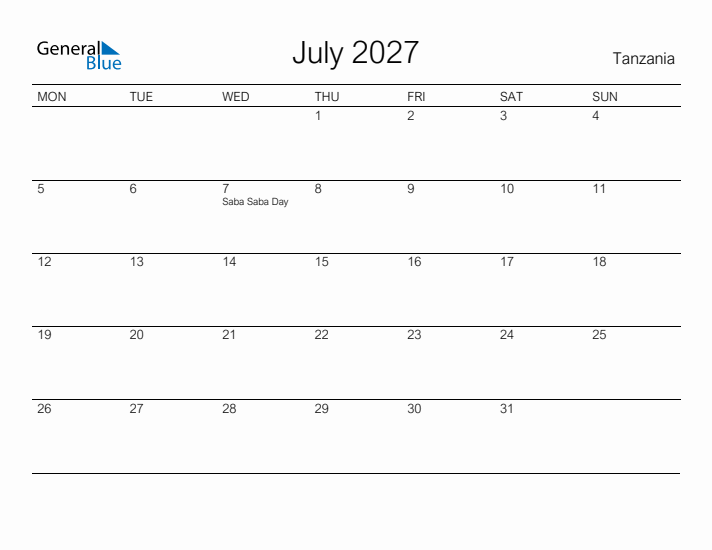 Printable July 2027 Calendar for Tanzania