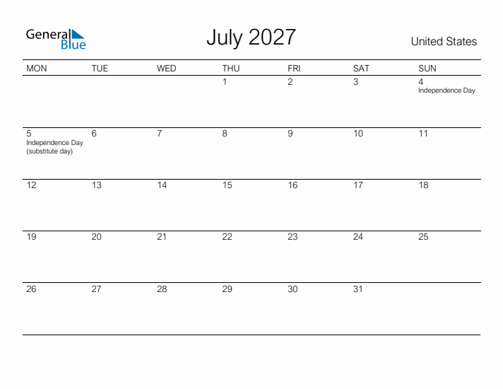 Printable July 2027 Calendar for United States