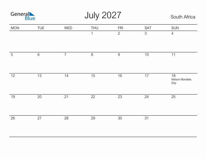 Printable July 2027 Calendar for South Africa