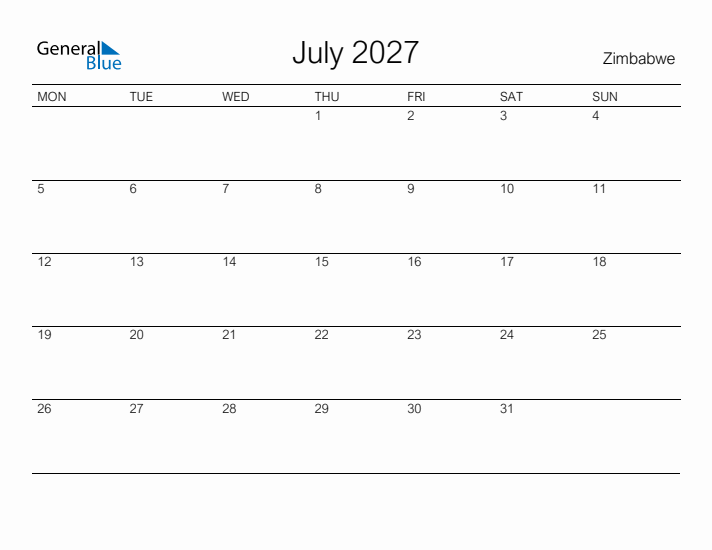 Printable July 2027 Calendar for Zimbabwe