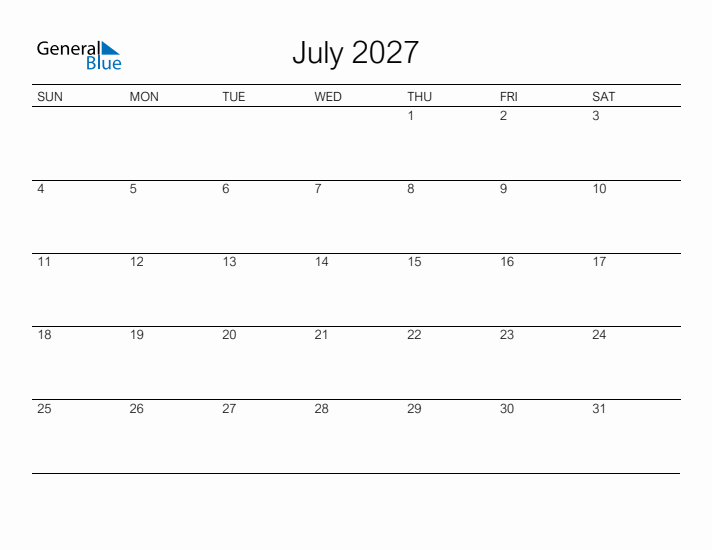 Printable July 2027 Calendar - Sunday Start