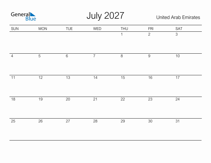Printable July 2027 Calendar for United Arab Emirates