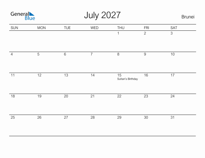 Printable July 2027 Calendar for Brunei