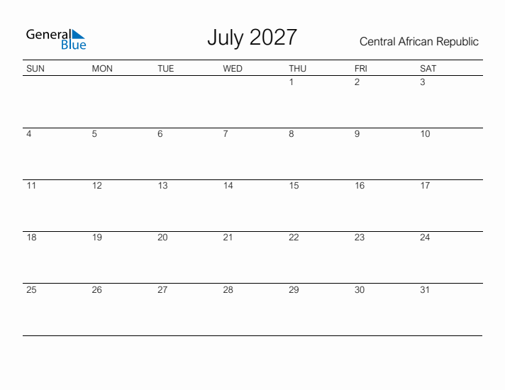 Printable July 2027 Calendar for Central African Republic