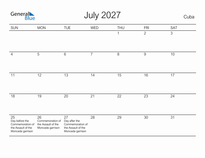 Printable July 2027 Calendar for Cuba