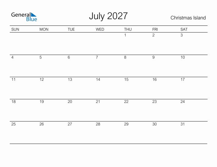 Printable July 2027 Calendar for Christmas Island