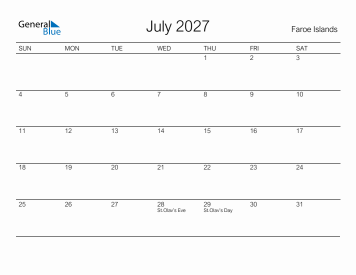Printable July 2027 Calendar for Faroe Islands
