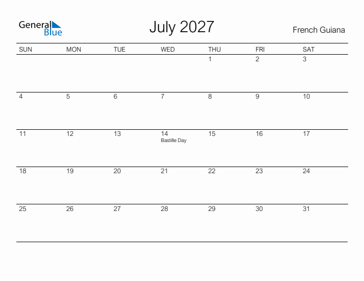 Printable July 2027 Calendar for French Guiana