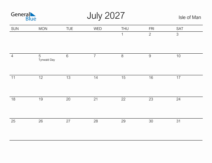 Printable July 2027 Calendar for Isle of Man