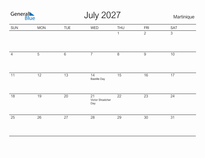 Printable July 2027 Calendar for Martinique