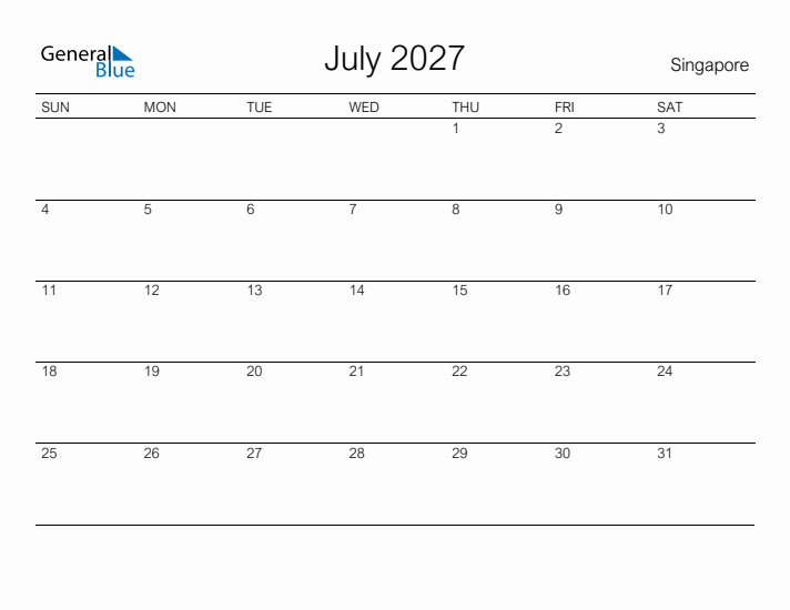 Printable July 2027 Calendar for Singapore