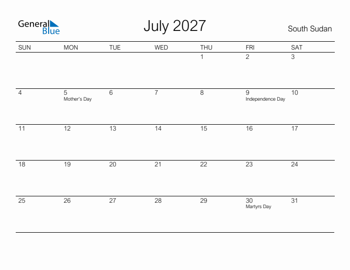 Printable July 2027 Calendar for South Sudan