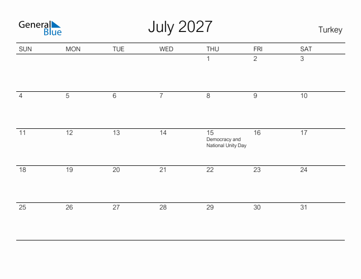 Printable July 2027 Calendar for Turkey