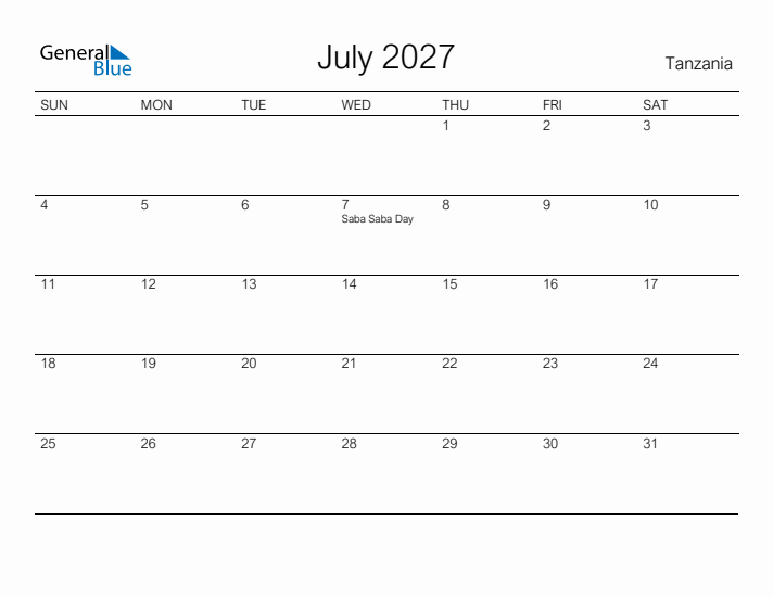 Printable July 2027 Calendar for Tanzania