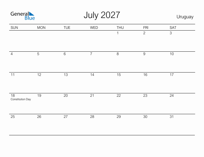 Printable July 2027 Calendar for Uruguay