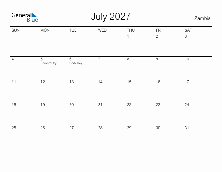 Printable July 2027 Calendar for Zambia