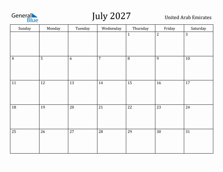 July 2027 Calendar United Arab Emirates
