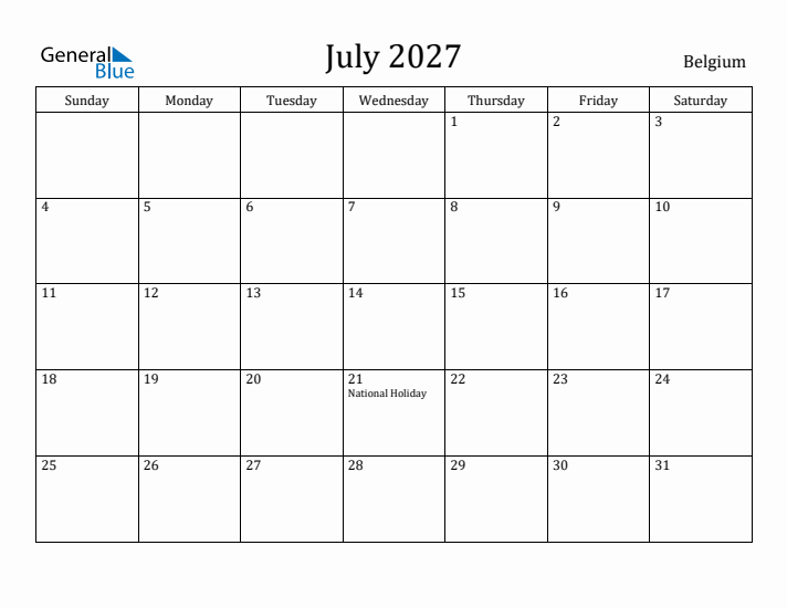 July 2027 Calendar Belgium