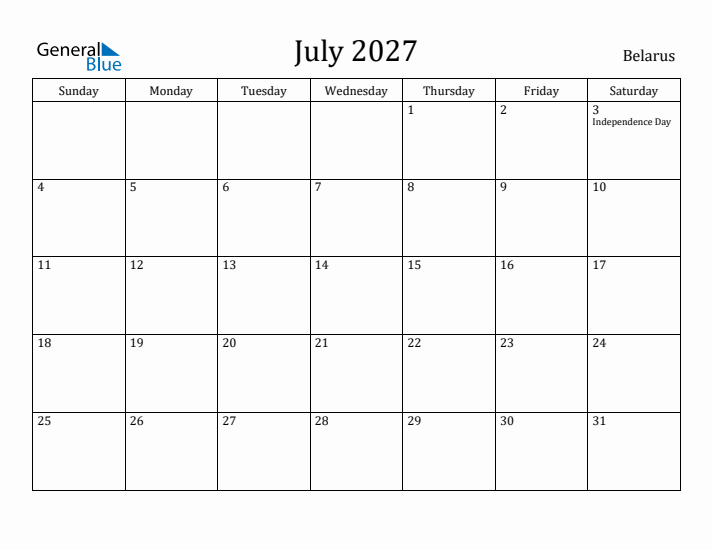 July 2027 Calendar Belarus