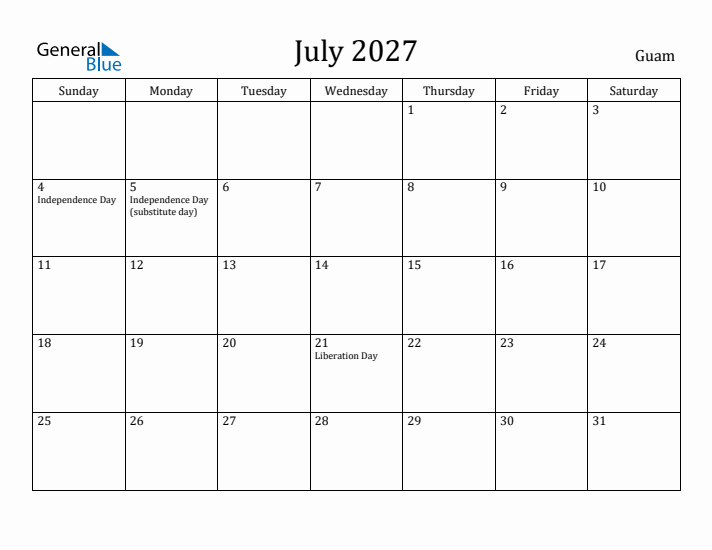 July 2027 Calendar Guam
