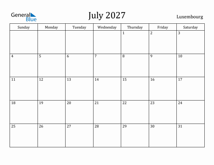 July 2027 Calendar Luxembourg