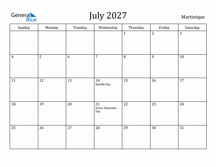 July 2027 Calendar Martinique