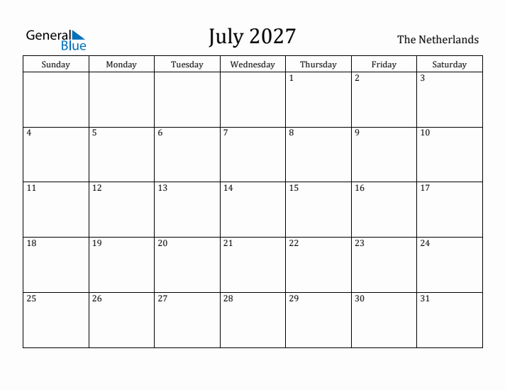 July 2027 Calendar The Netherlands