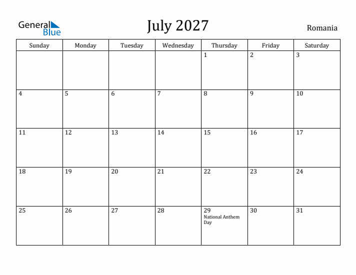 July 2027 Monthly Calendar with Romania Holidays