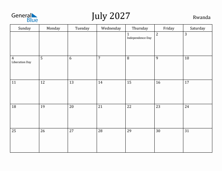 July 2027 Calendar Rwanda