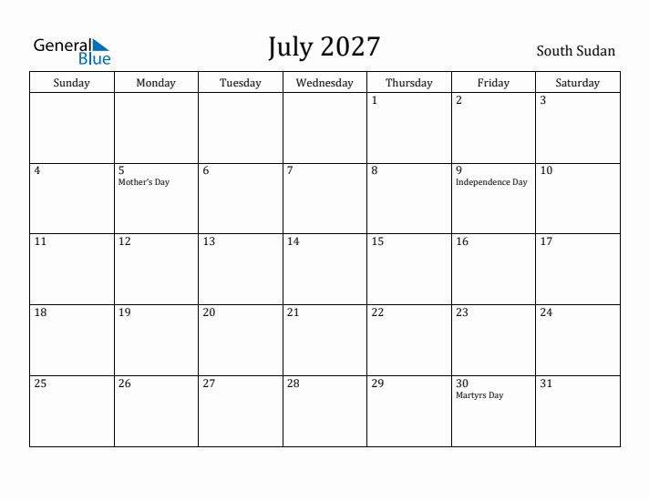 July 2027 Calendar South Sudan