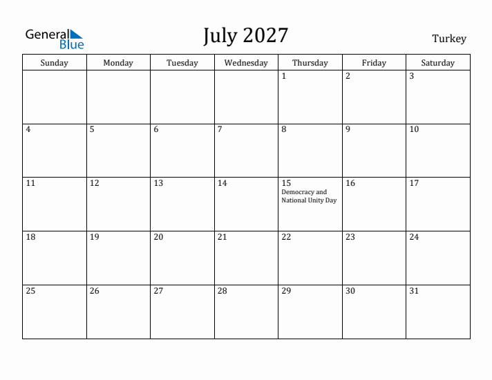 July 2027 Calendar Turkey
