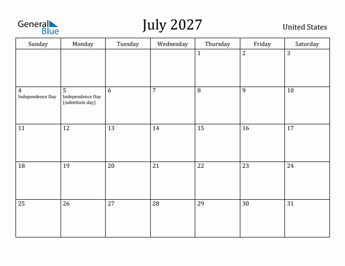 July 2027 Calendar United States