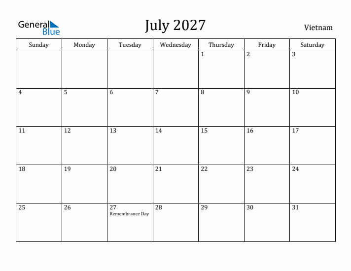 July 2027 Calendar Vietnam