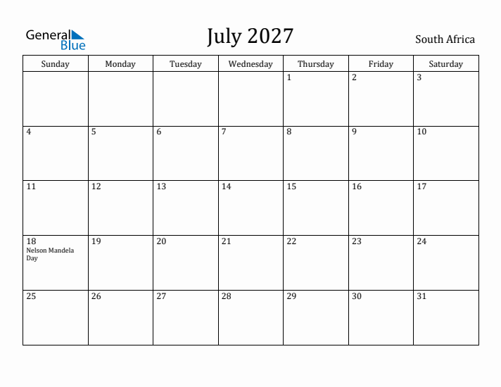July 2027 Calendar South Africa