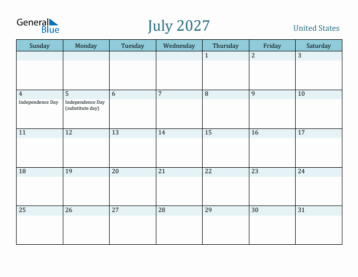 July 2027 Monthly Calendar with United States Holidays