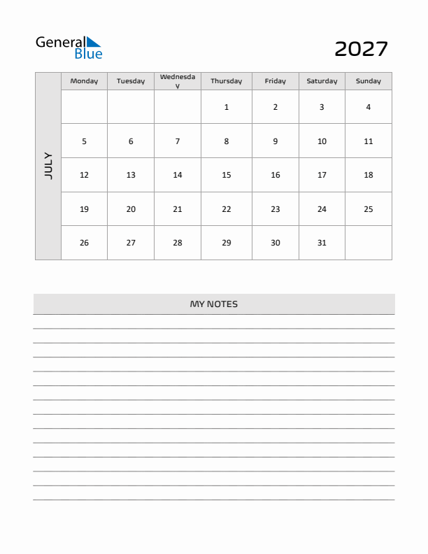July 2027 Calendar Printable