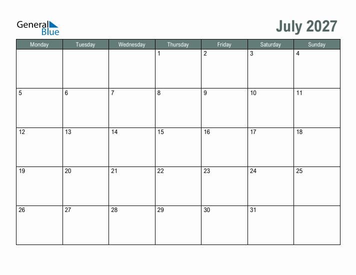 Free Printable July 2027 Calendar